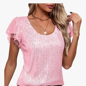 Glamorous Pink Sequin Blouse Ruffled Sleeves